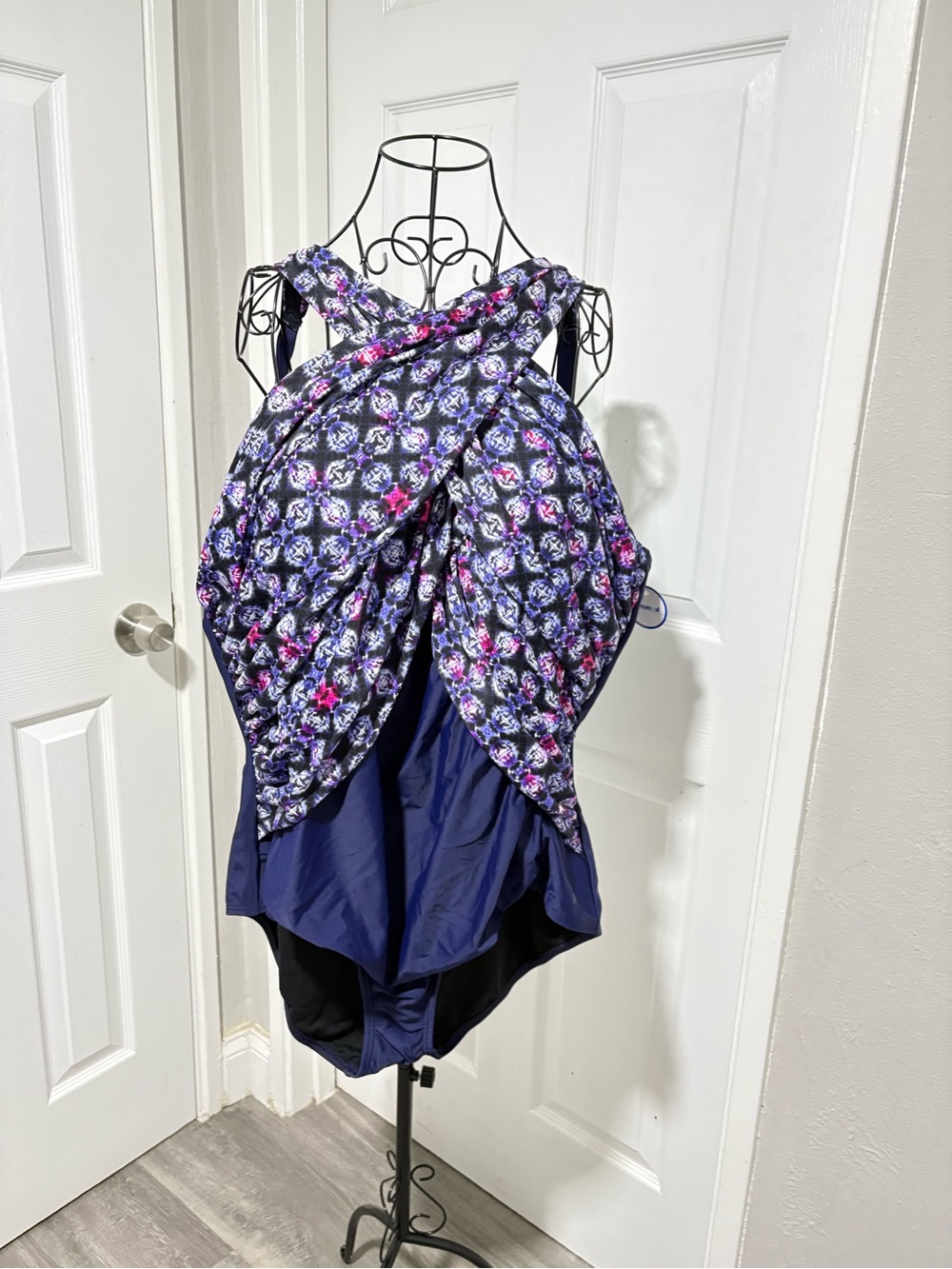 Swimsuits For All Plus Size Blue Swimsuit with Multicolored Crisscross Design